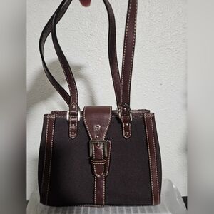 Etienne Aigner Brown Leather And Cloth Satchel with Silver Hardware